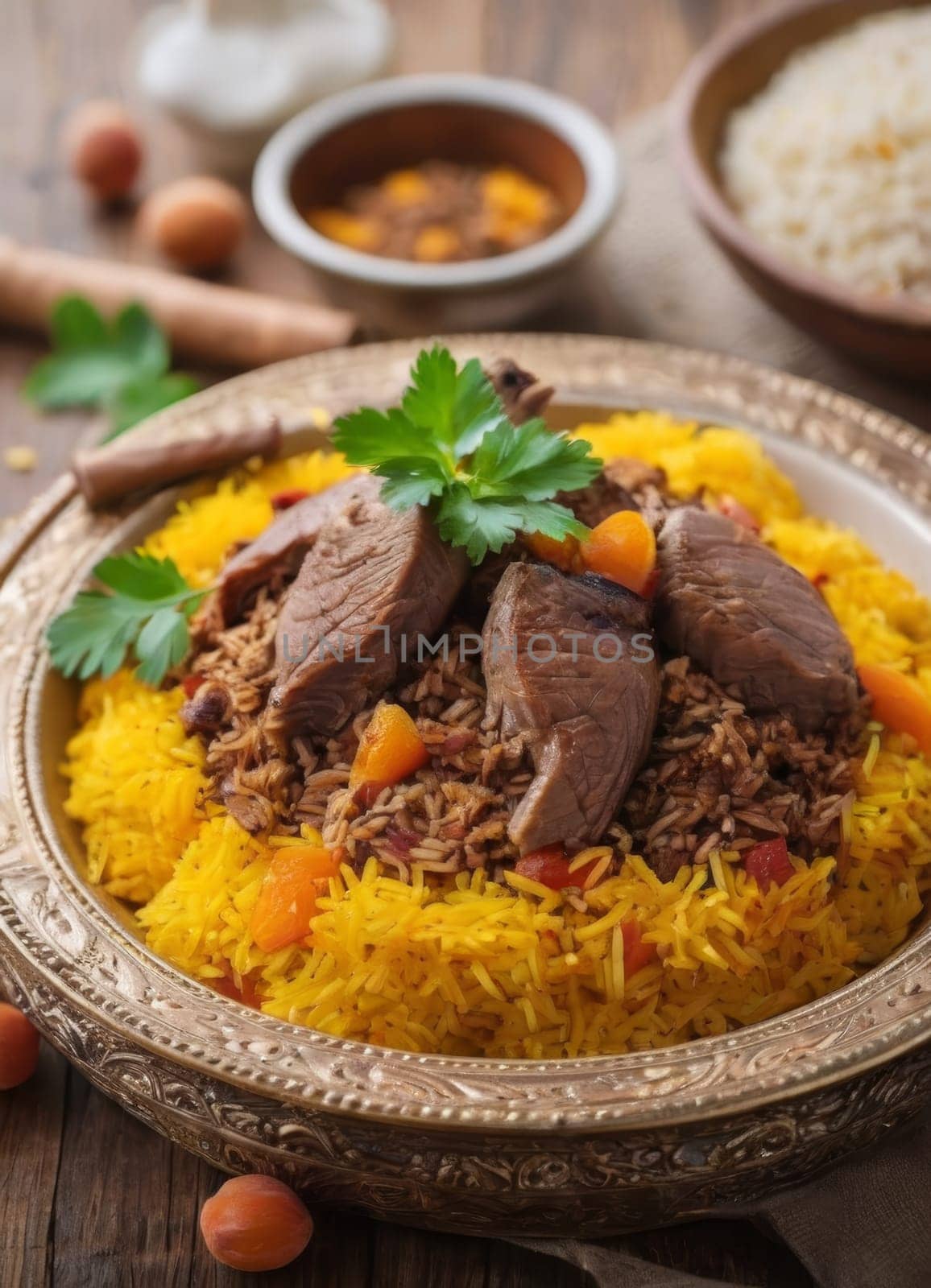Authentic Azerbaijani plov, a traditional rice pilaf dish featuring fragrant saffron-infused rice, tender lamb, and sweet apricots, elegantly presented in an ornate serving dish. by sfinks