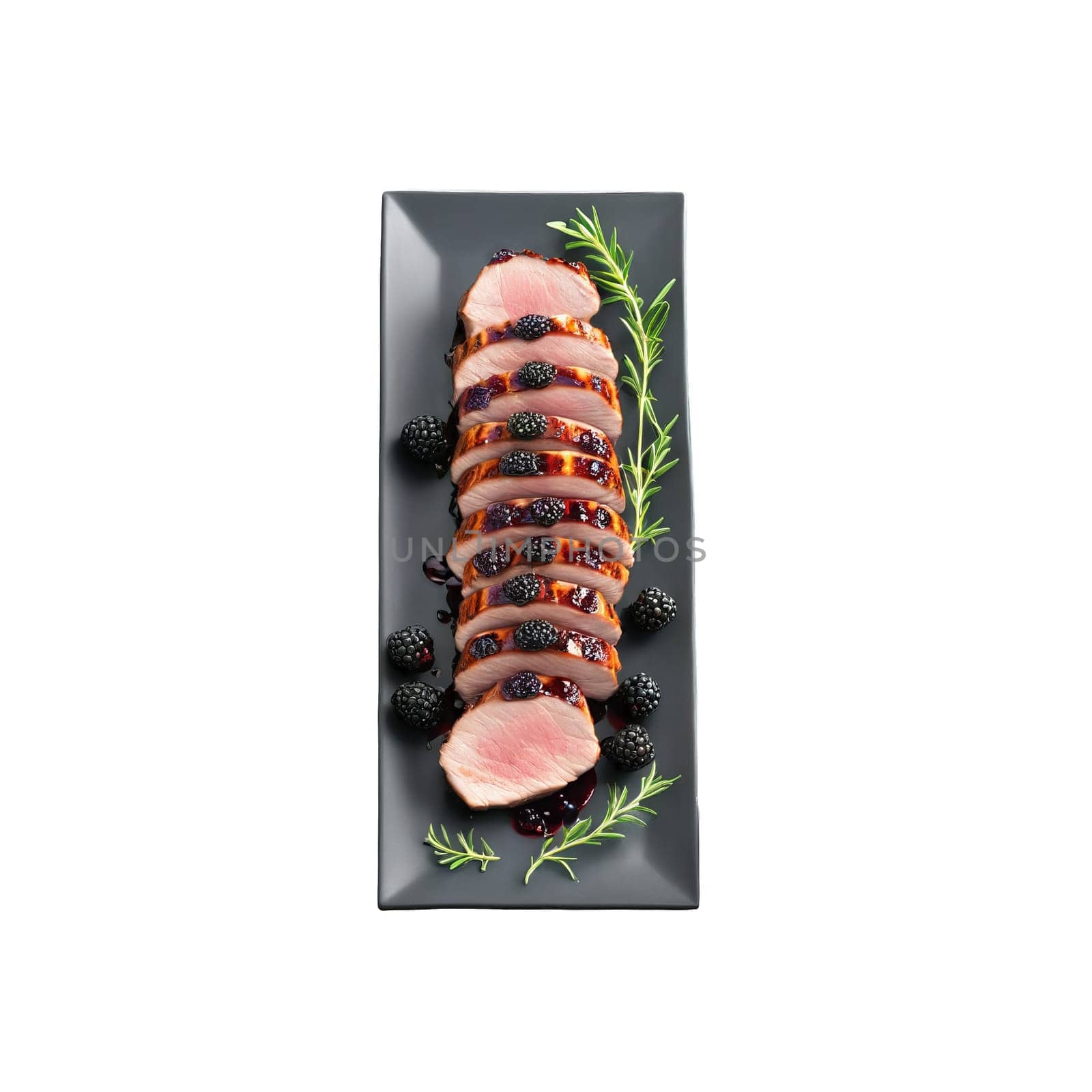 Grilled pork tenderloin with a blackberry glaze and a sprinkle of fresh thyme leaves Summer by panophotograph
