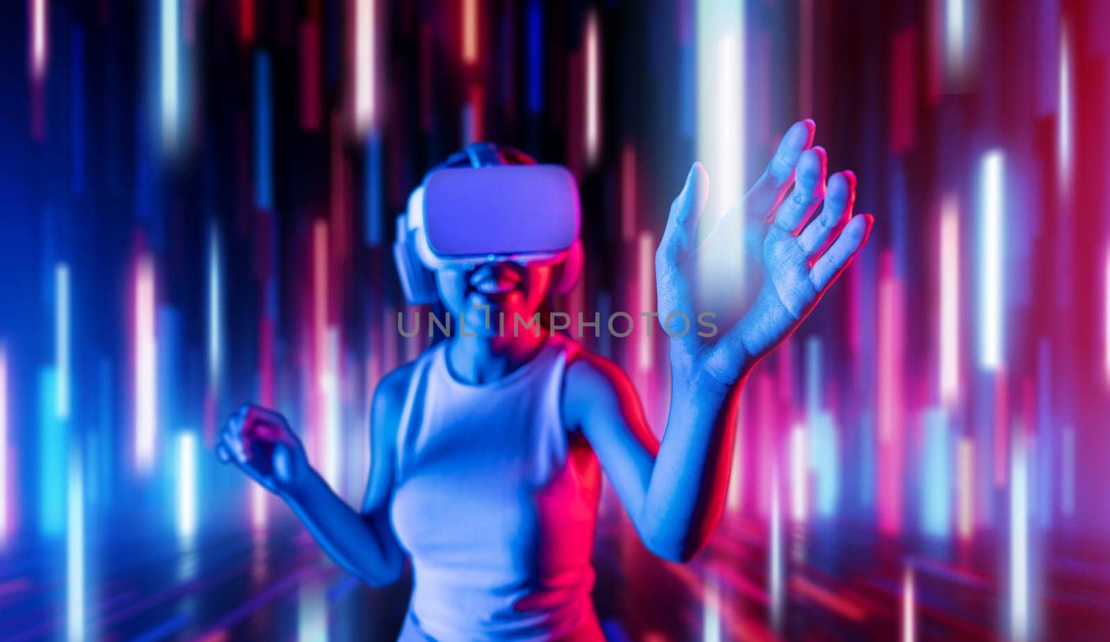 Smart female standing in cyberpunk style building in meta wear VR headset connecting metaverse, future cyberspace community technology, Woman using hand touching virtual reality object. Hallucination.