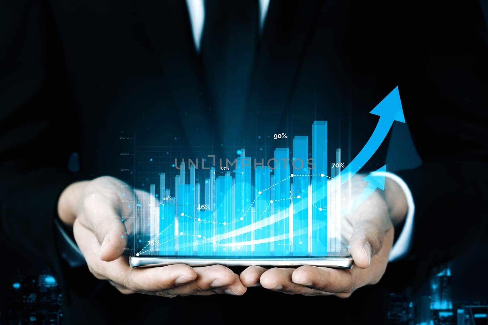 Double Exposure Image of Business and Finance - Businessman with report chart up forward to financial profit growth of stock market investment. uds