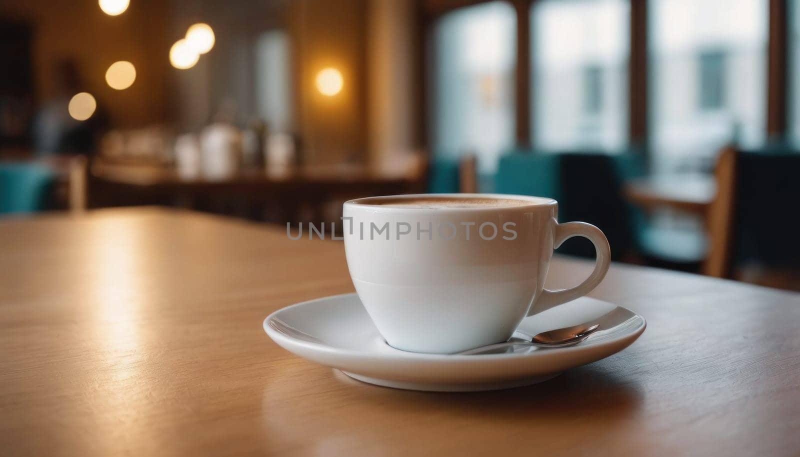Cafe hot cup of coffee on a saucer on a dark background, casting a thin shadow. Bokeh in the background. by Matiunina