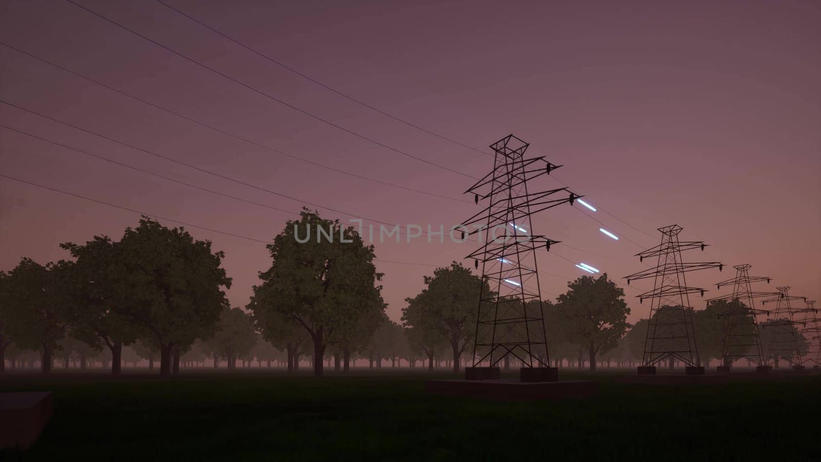 Electrical signal travels along power wires night landscape 3d render by Zozulinskyi