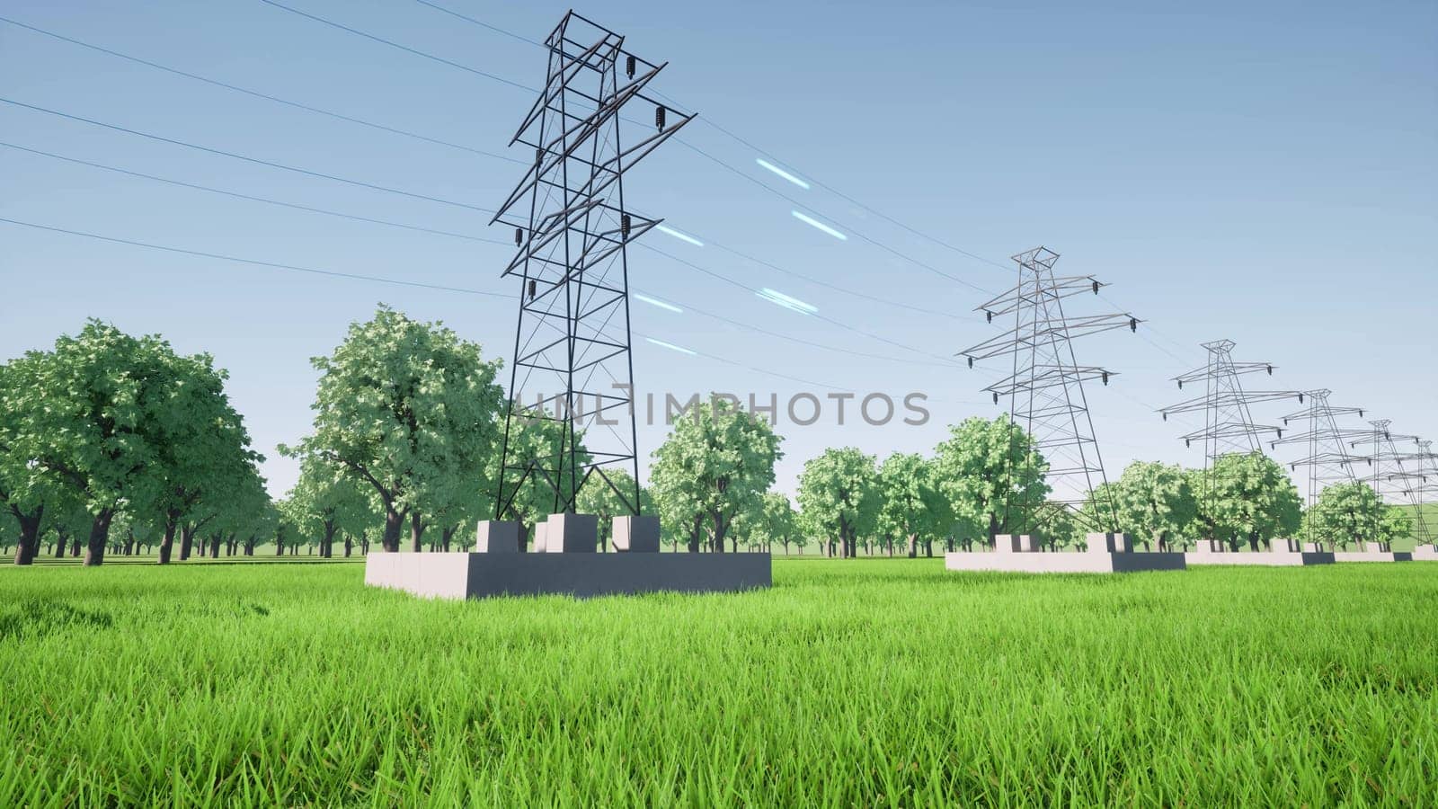 Electrical impulse moves through wires Power transmission towers 3d render by Zozulinskyi