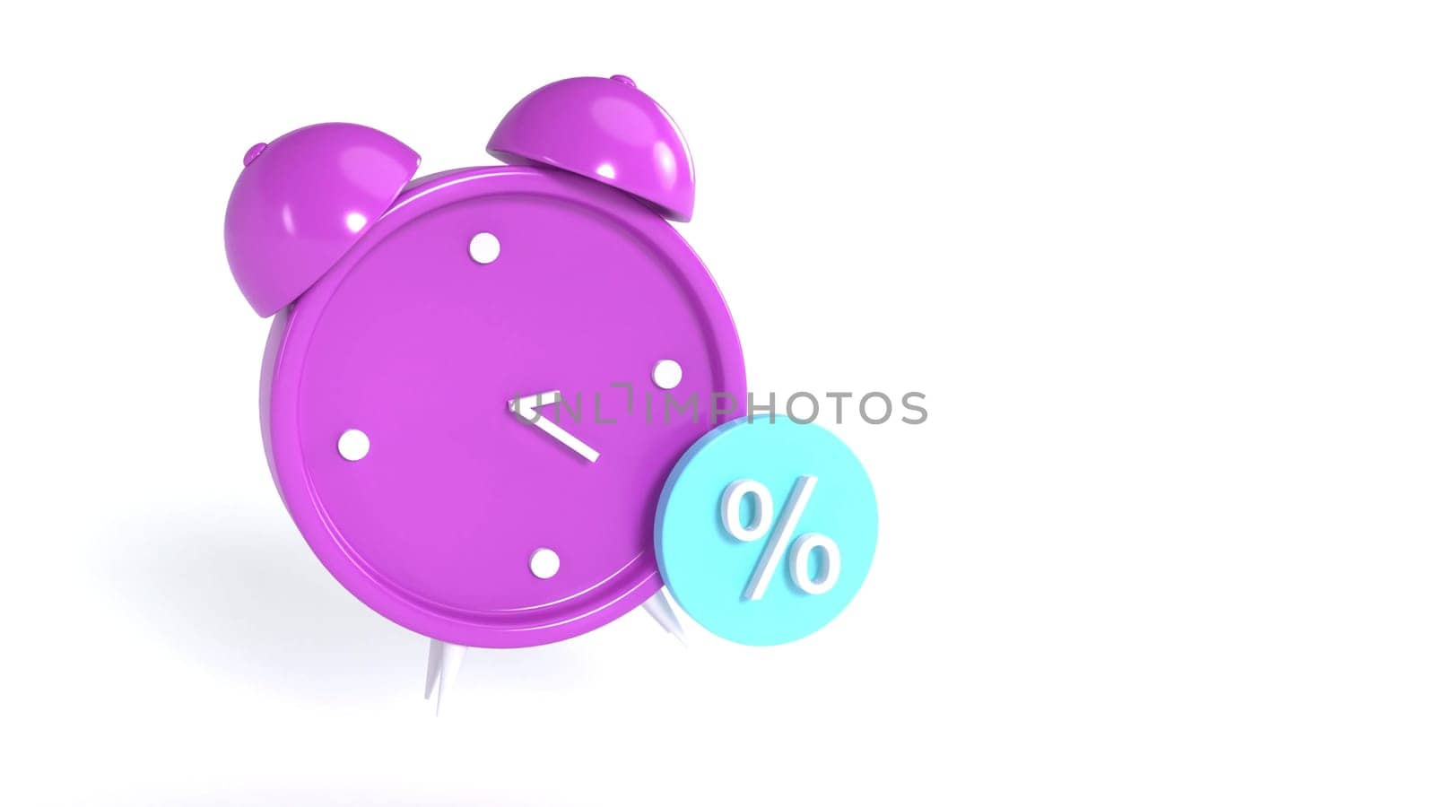 Dark pink alarm purple clock with price less discount 3d render by Zozulinskyi