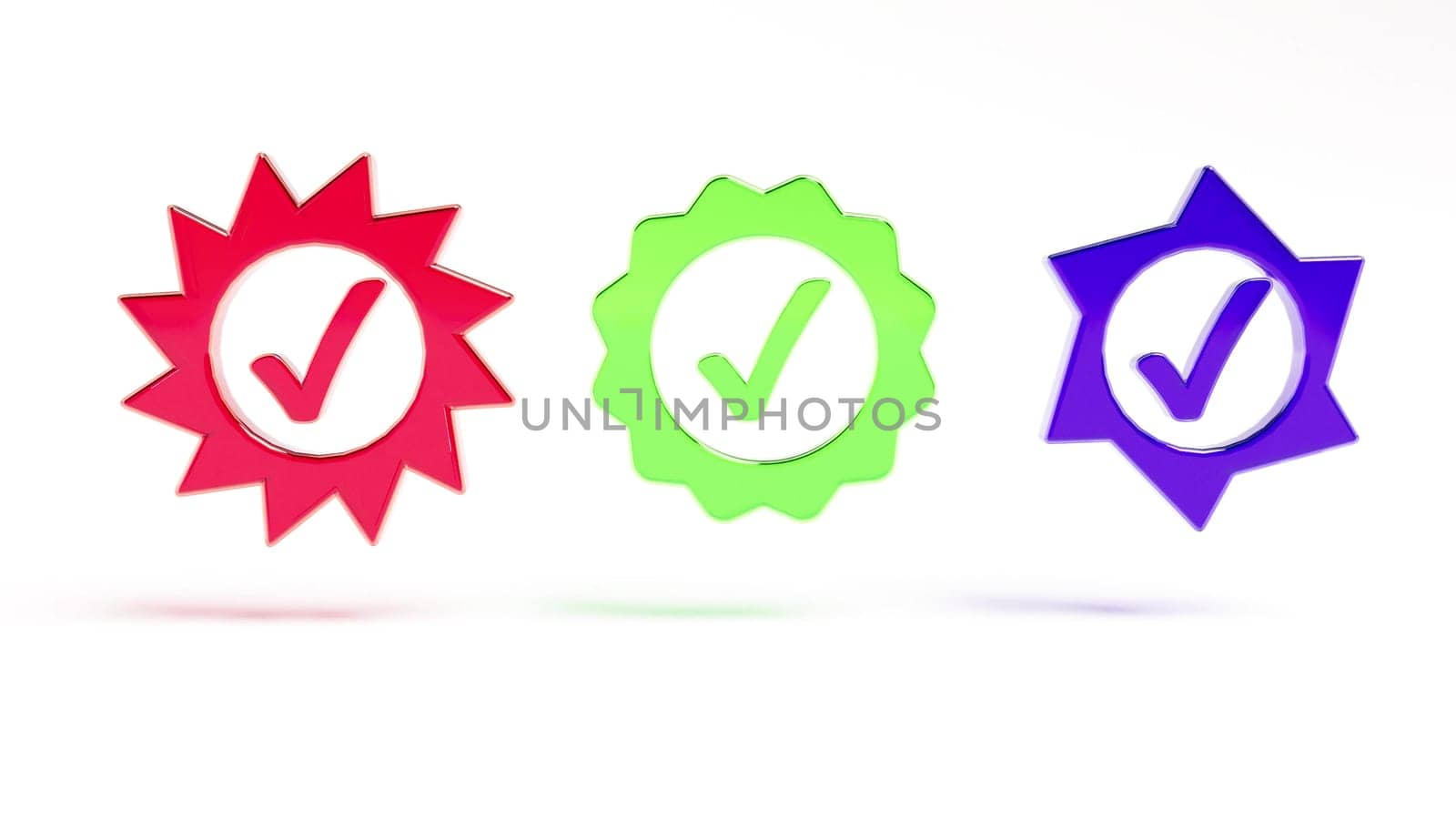 Color glass Signs symbols check mark rotate on white bg 3d render by Zozulinskyi