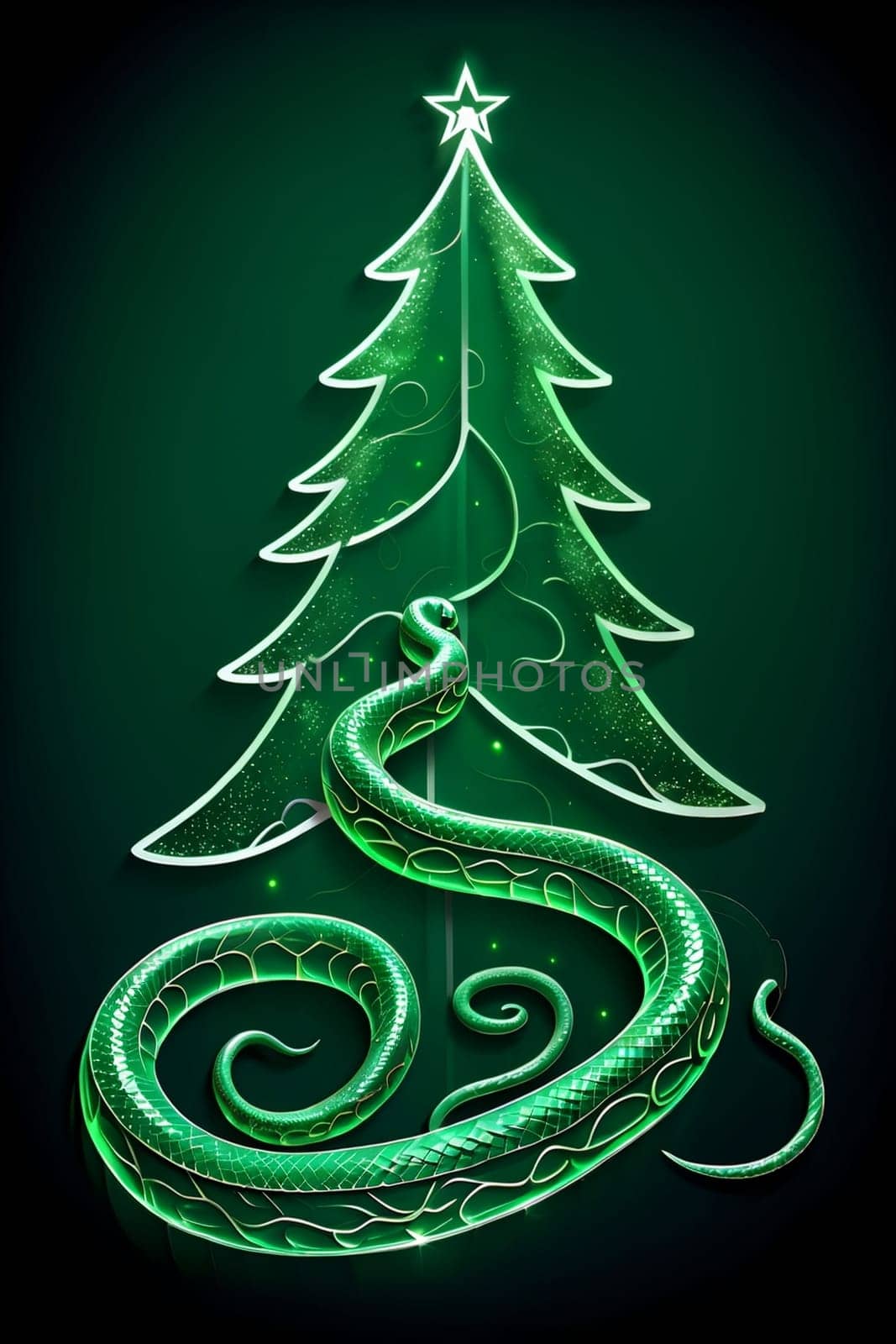 green fir tree and snake on green background .