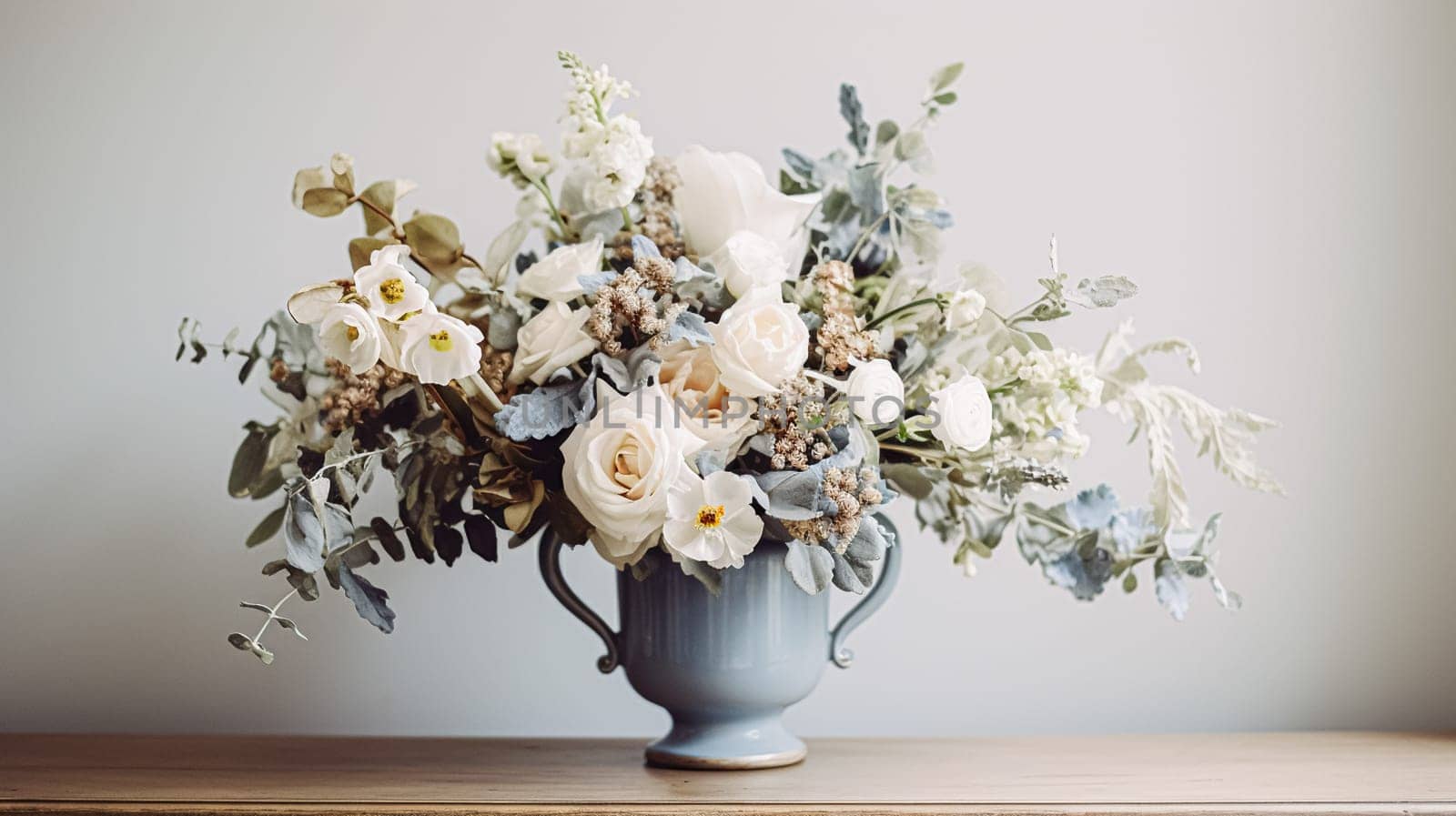 Beautiful floral arrangement with winter, autumn or early spring botanical plants and flowers