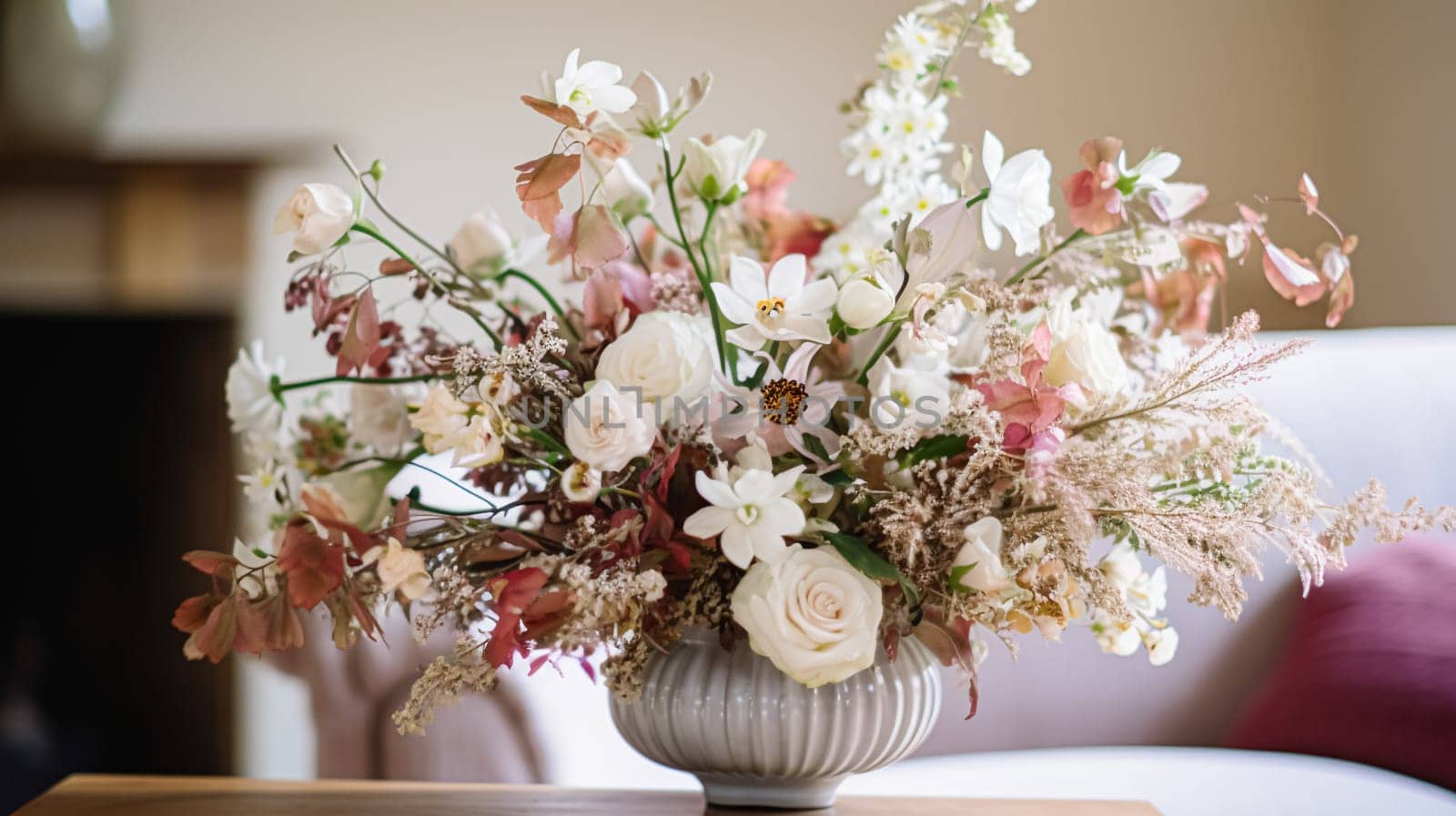 Beautiful floral arrangement with winter, autumn or early spring botanical plants and flowers