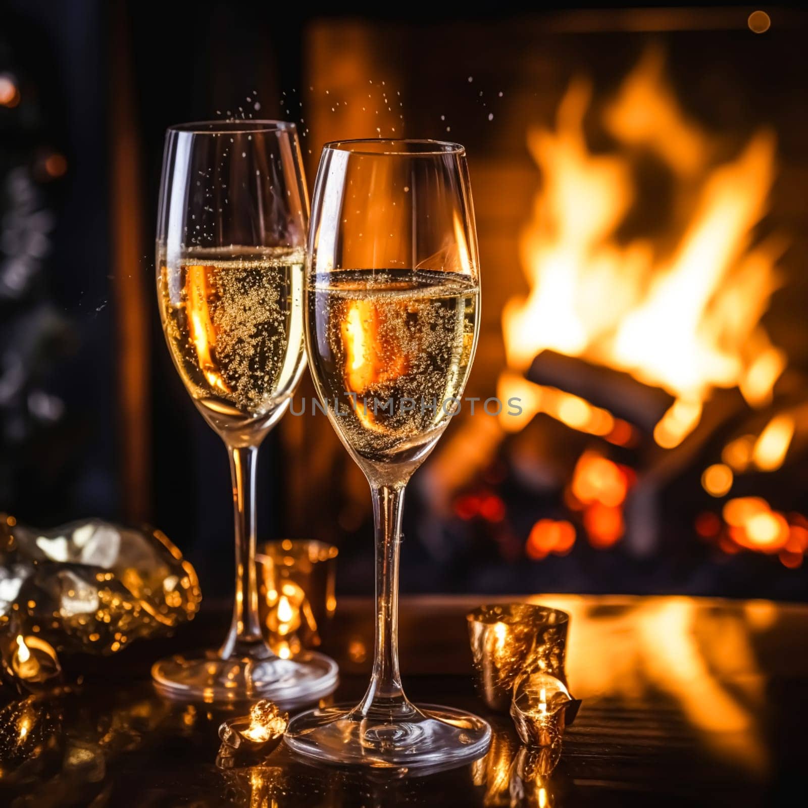 Sparkling wine, proseco or champagne in front of a fireplace on a holiday eve celebration, Merry Christmas, Happy New Year and Happy Holidays idea