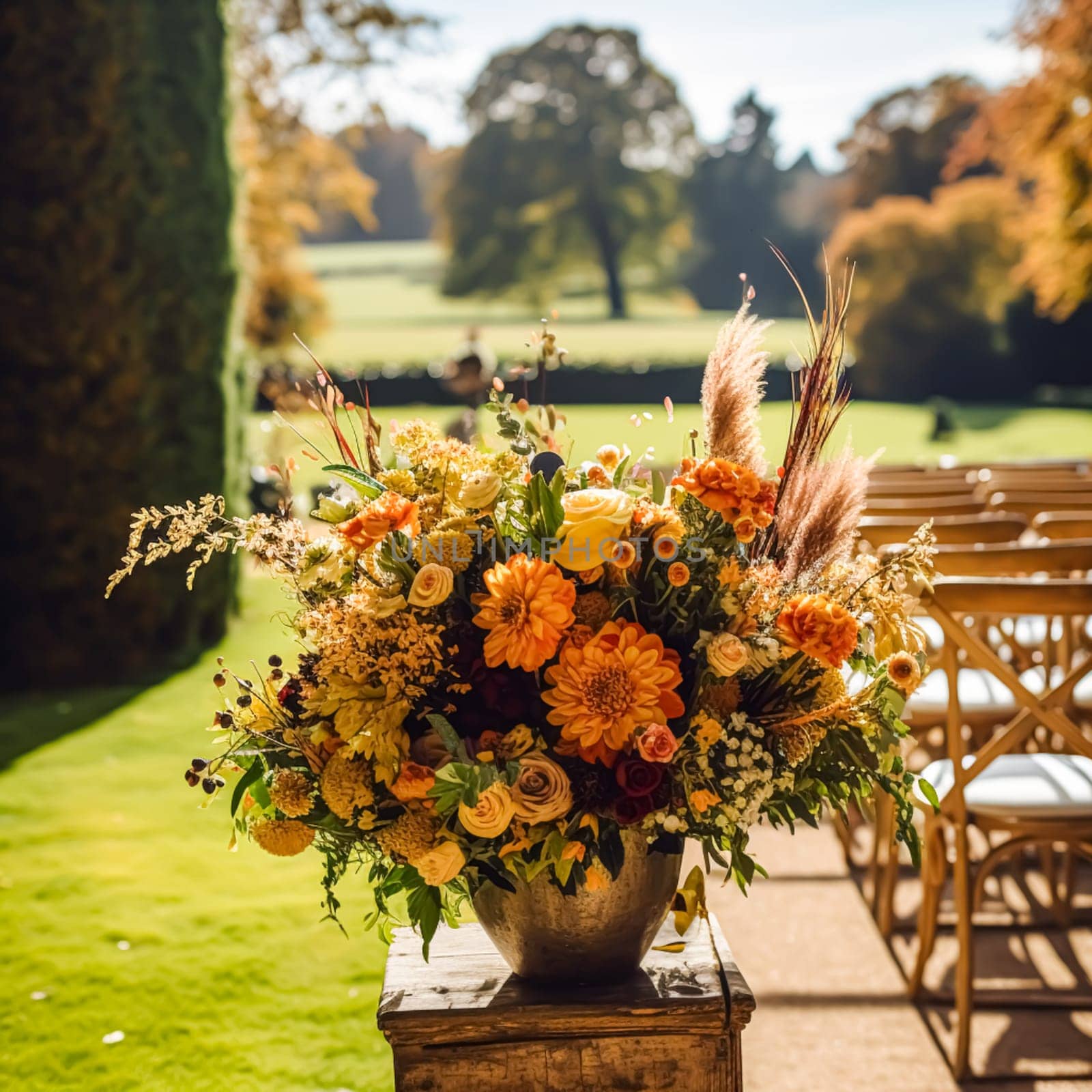 Wedding aisle, floral decor and marriage ceremony, autumnal flowers and decoration in the English countryside garden, autumn country style idea