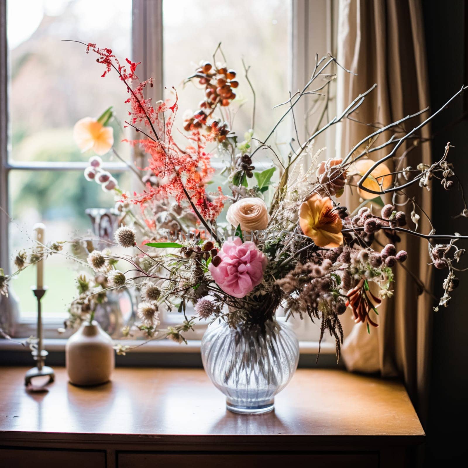 Floral arrangement with winter, autumn or early spring botanical plants and flowers by Anneleven