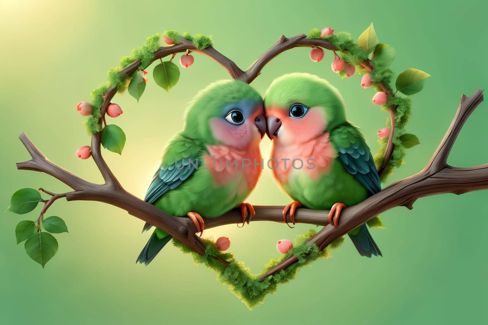 parrots in love hugging on a branch, Valentine's Day, greeting card by Rawlik