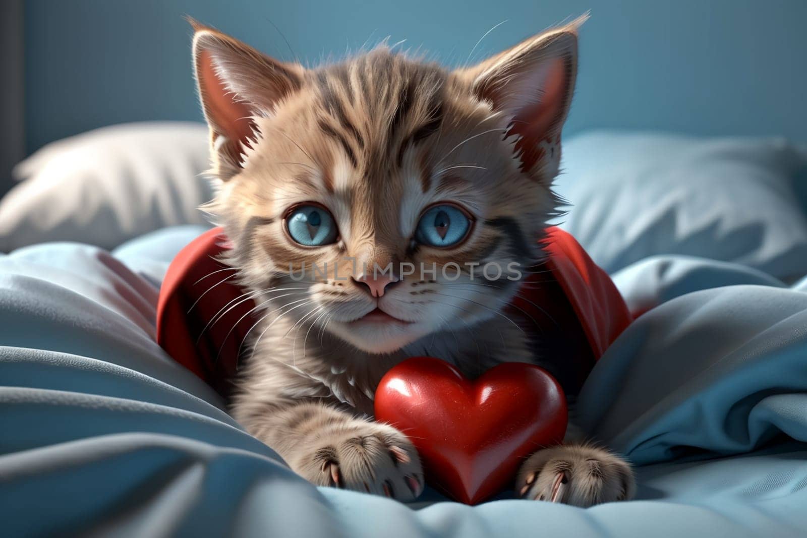 Cute kitten with red heart, isolated on blue background by Rawlik