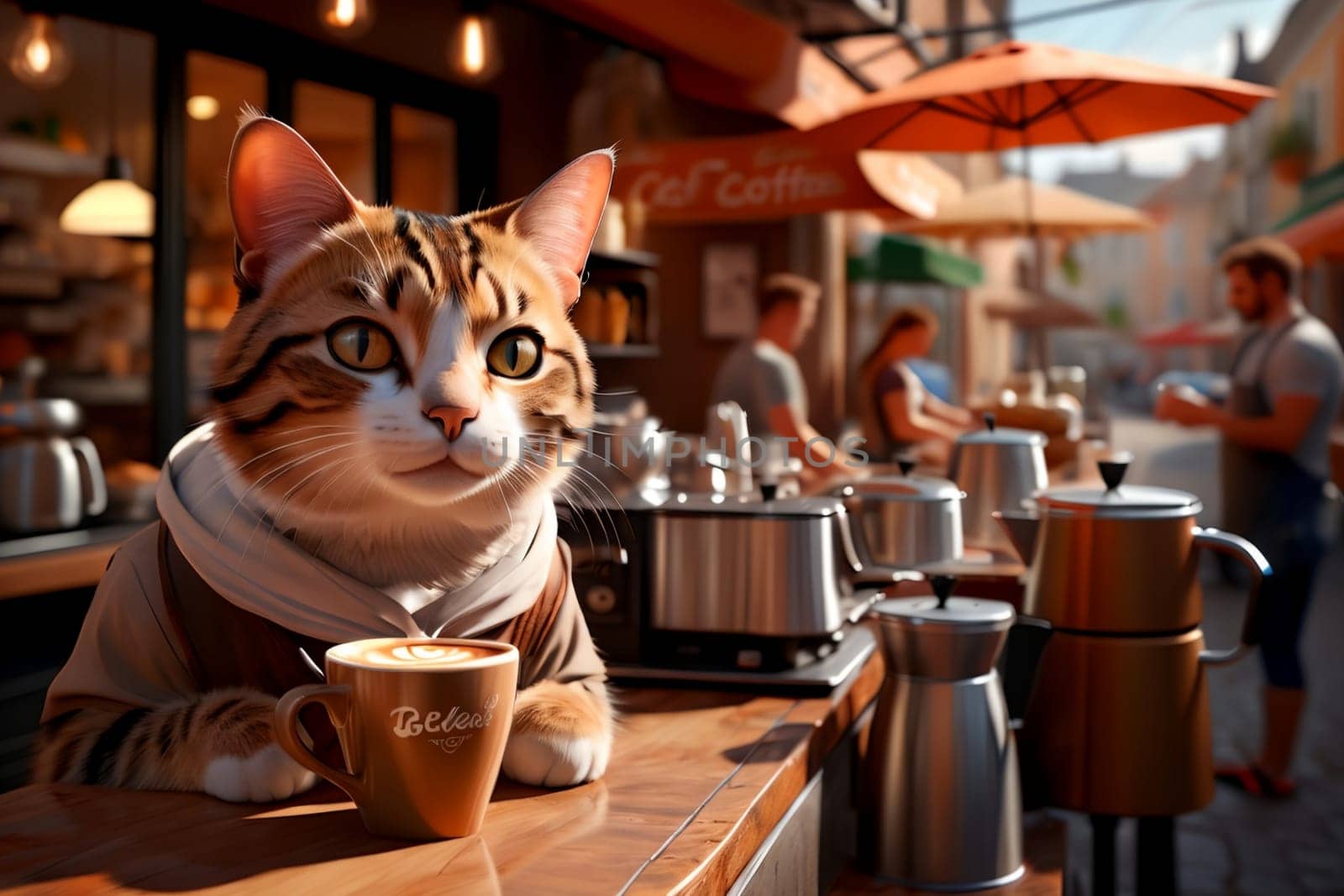 cat barista makes coffee near the coffee machine in a cafe by Rawlik