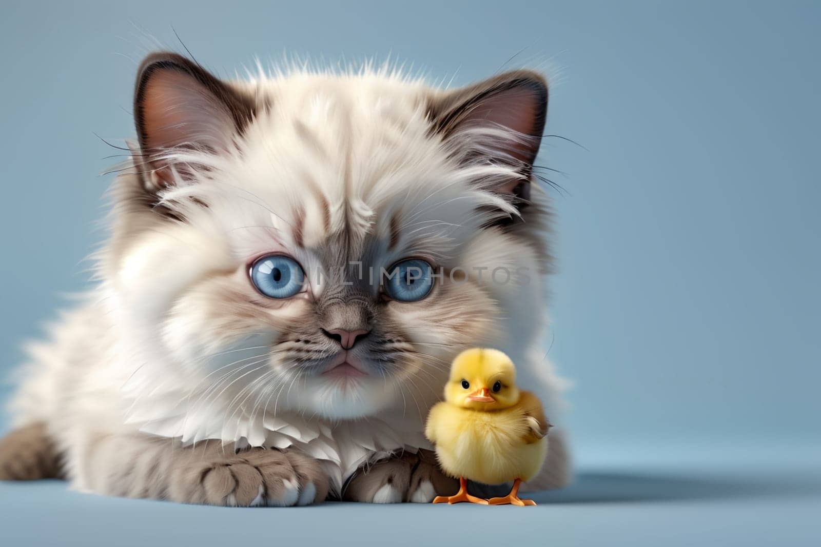 cute kitten and yellow chick, isolated on blue background .