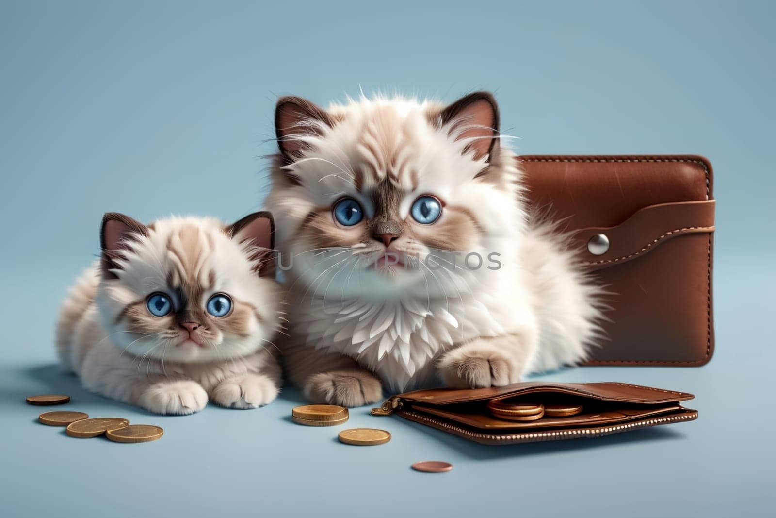cute Ragdoll kitten with wallet and coins, isolated on blue background by Rawlik