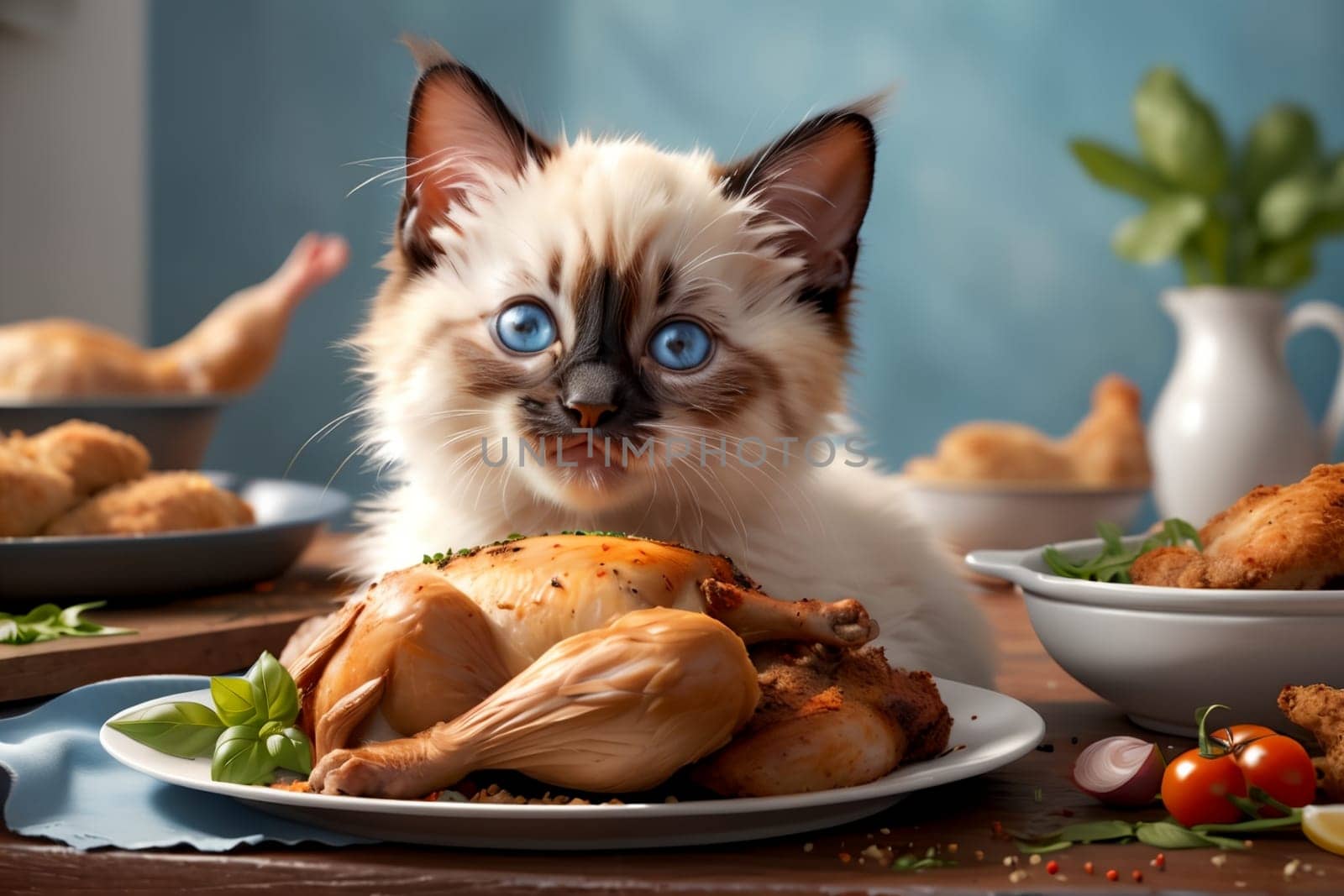 cute Ragdoll kitten looking at fried chicken in a plate .