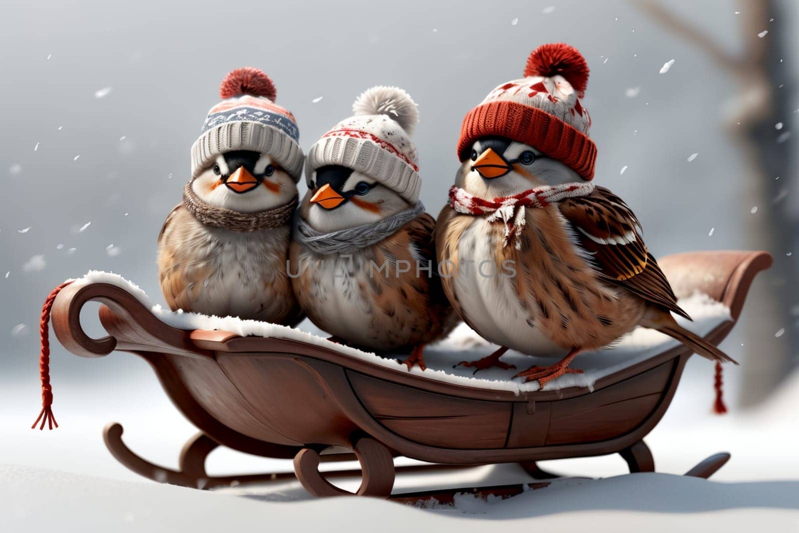 Birds in love in a hat and scarf in winter walk on the street by Rawlik