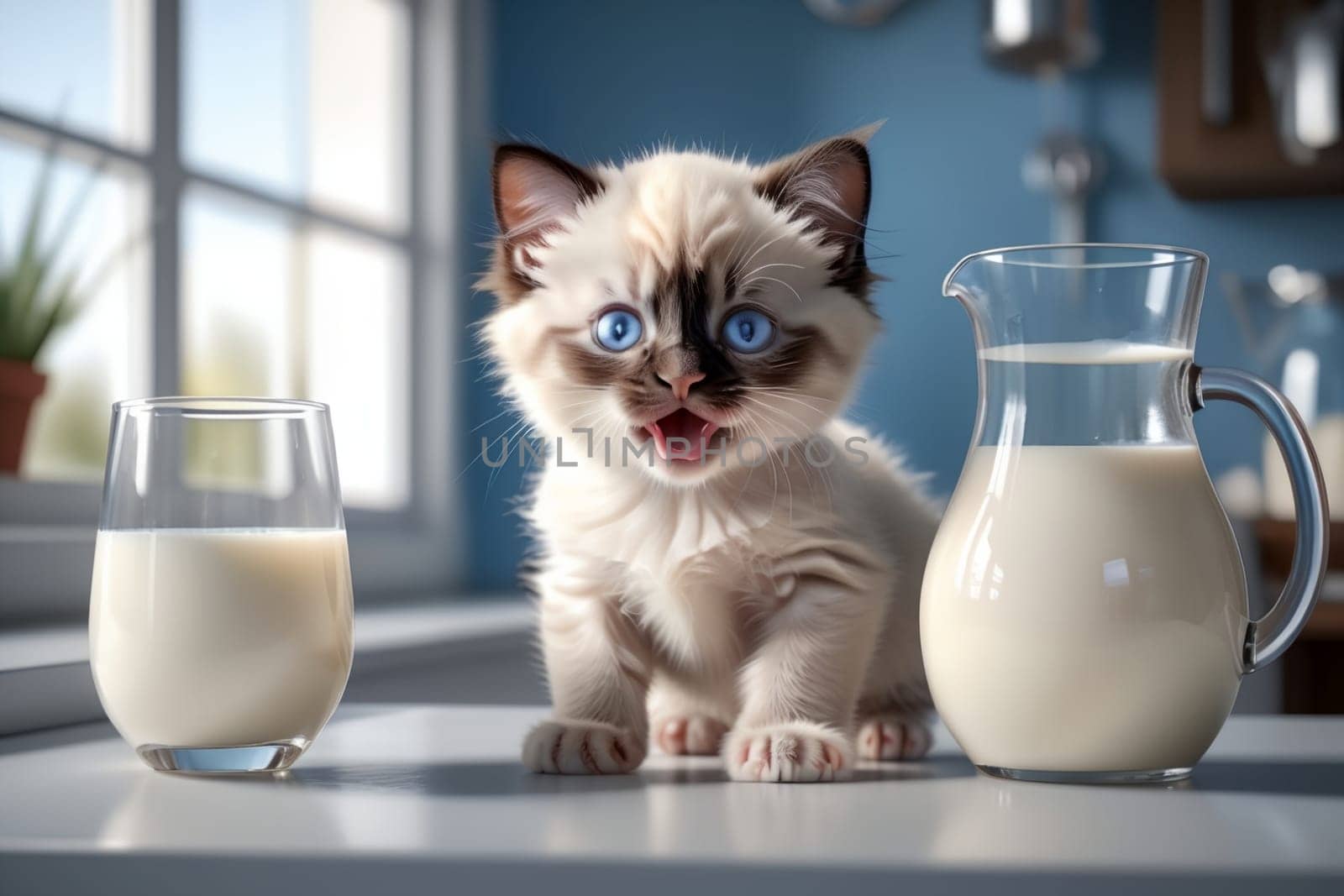 cute Ragdoll kitten and fresh milk in a glass, isolated on a blue background .