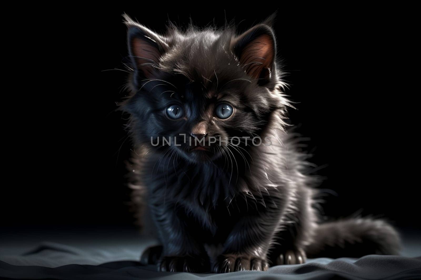 black fluffy kitten, isolated on a black background .