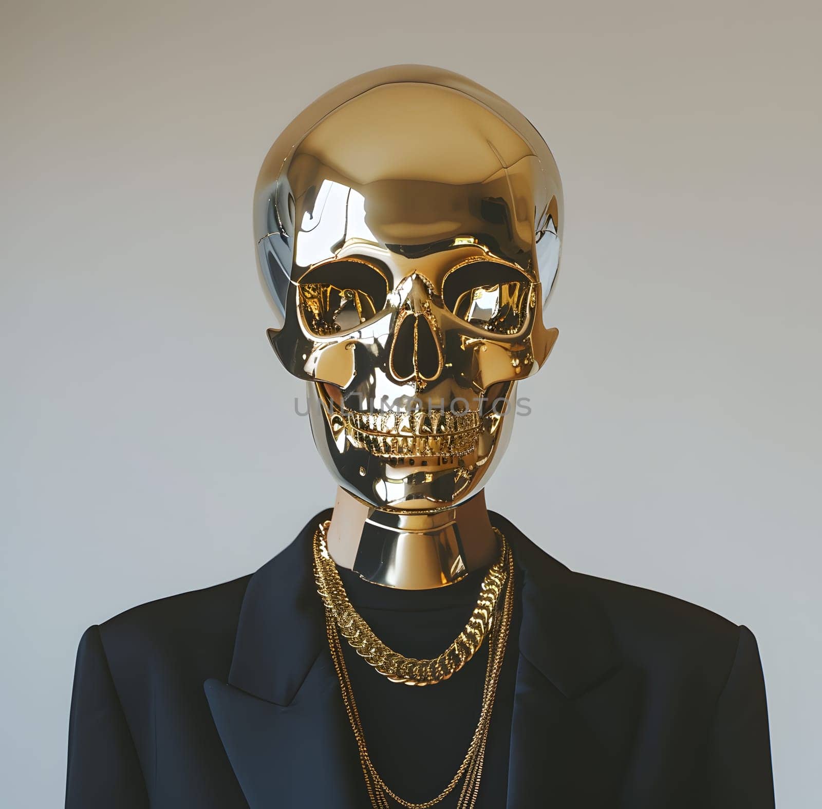 Gold skull with chains wearing black jacket at fashion event by Nadtochiy