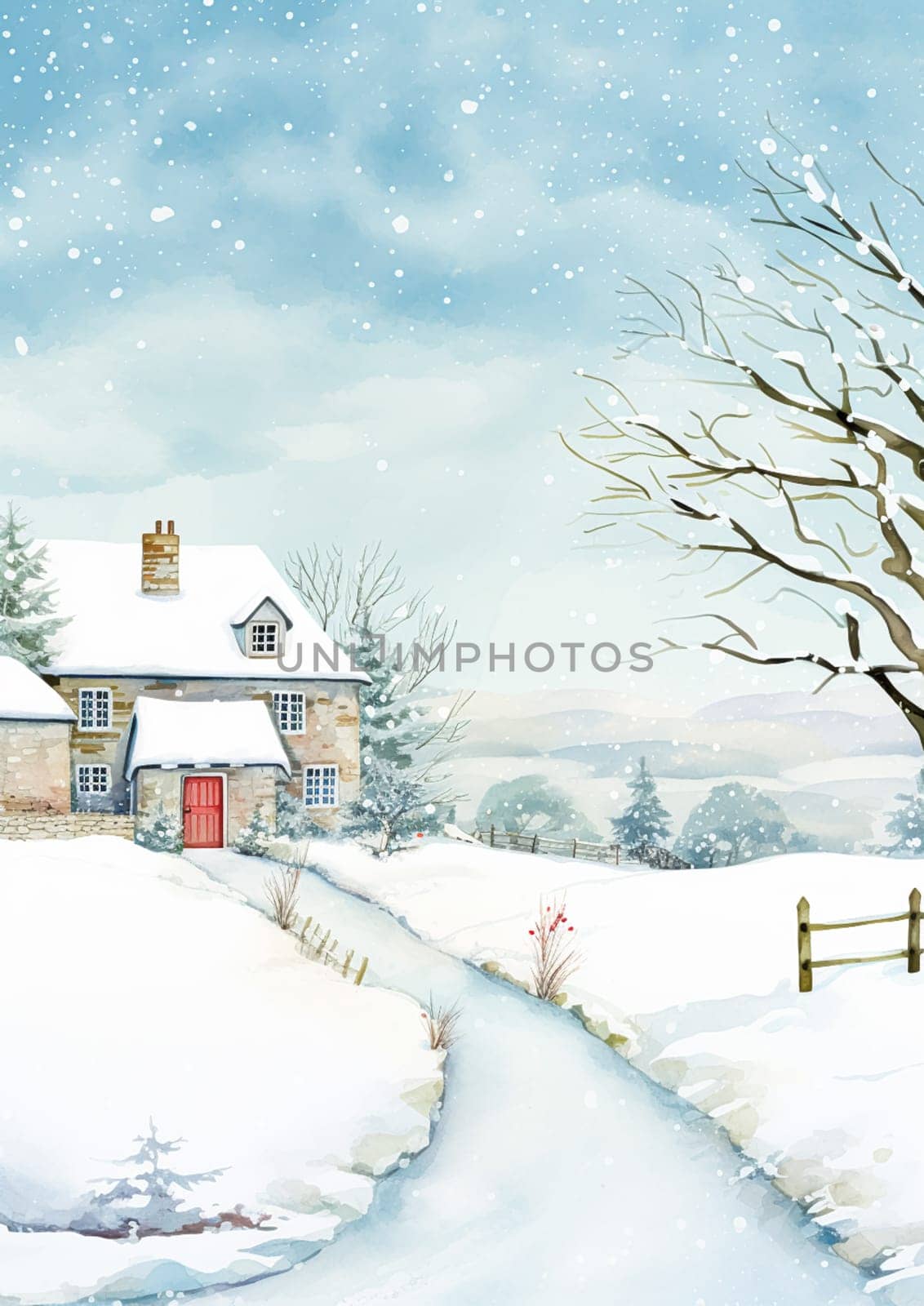 Merry Christmas and Happy Holidays, watercolour printable art print, English countryside cottage as snow winter holiday Christmas card, thank you and diy greeting card design, country style by Anneleven