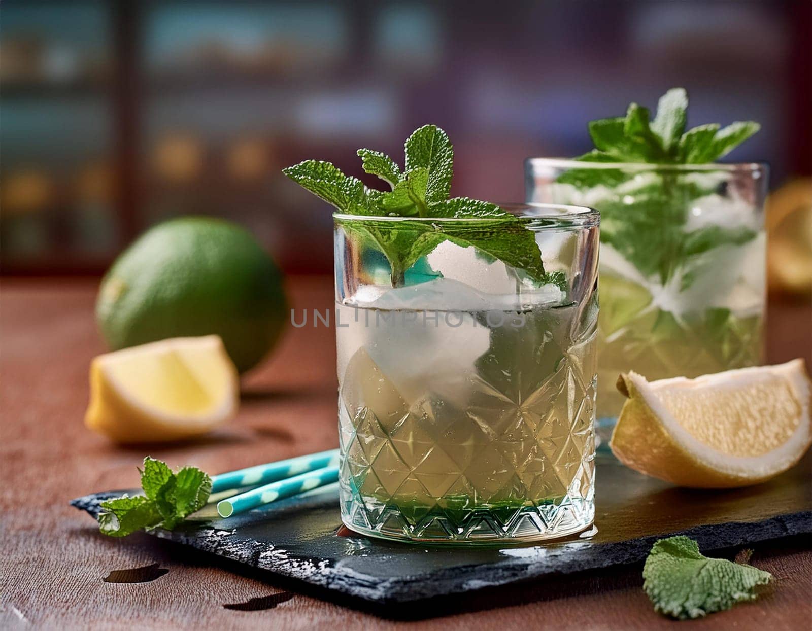 Mojito cocktail with fresh mint, lime, ice cubes and bar shaker by JFsPic