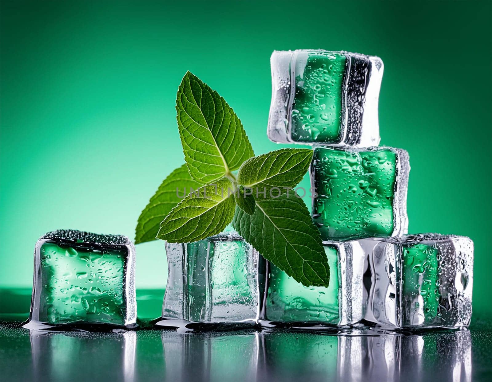 Clean water, ice crystal cubes with mint leaves and bubbles. Menthol, cool mint, peppermint, spearmint, mojito or lemonade drink wave splashes