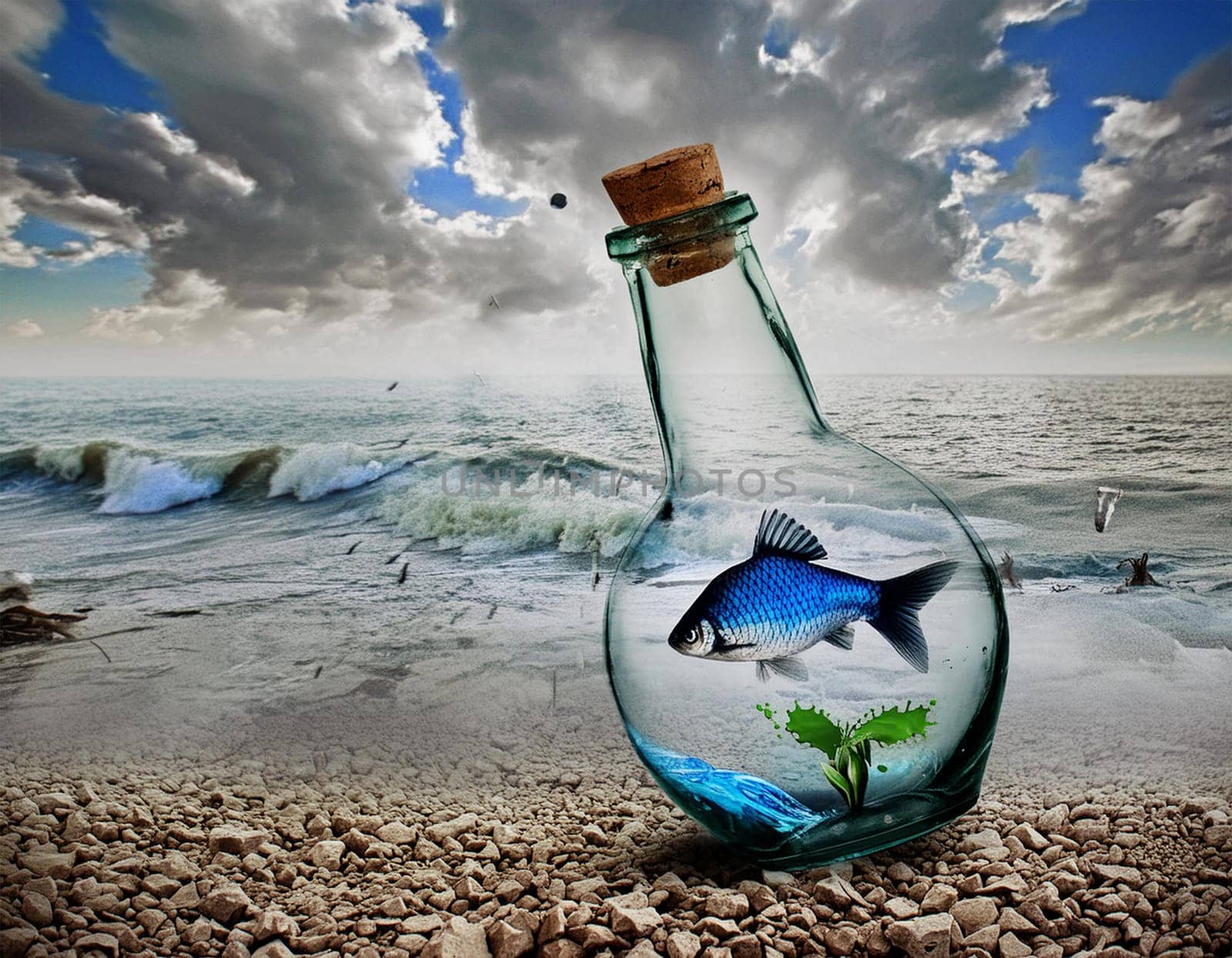 Environmental pollution sea of water, fish in bottle message in a bottle,