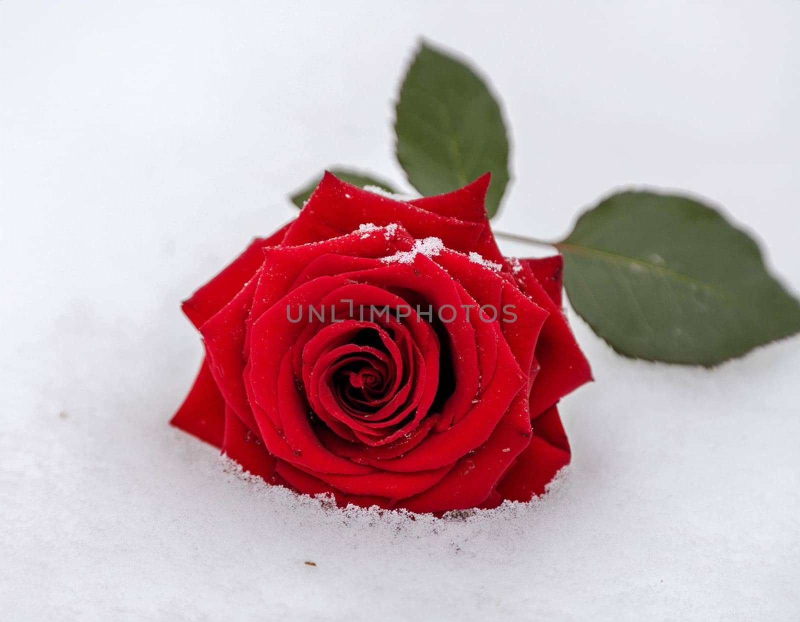 Red blossom of a rose in the snow, glittering background with copy space