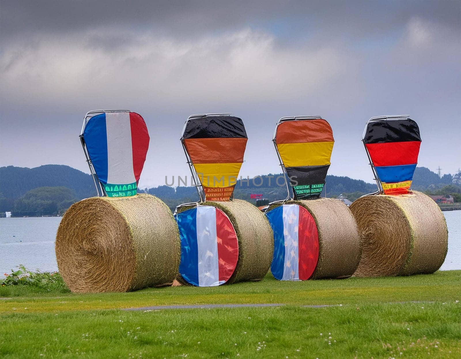 Funny figures made of straw bales on the background of a winter forest and field