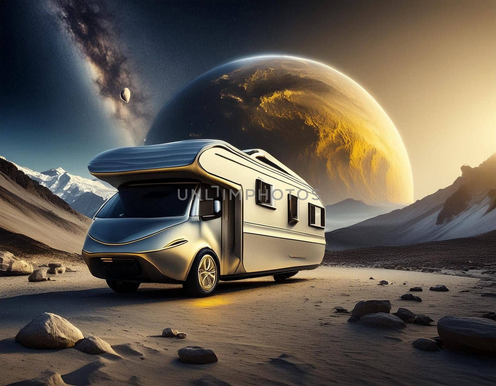 Camper. Vacation on the moon. The light cycles. Freeze light. Camper. Camper. Night. The stars in the sky.