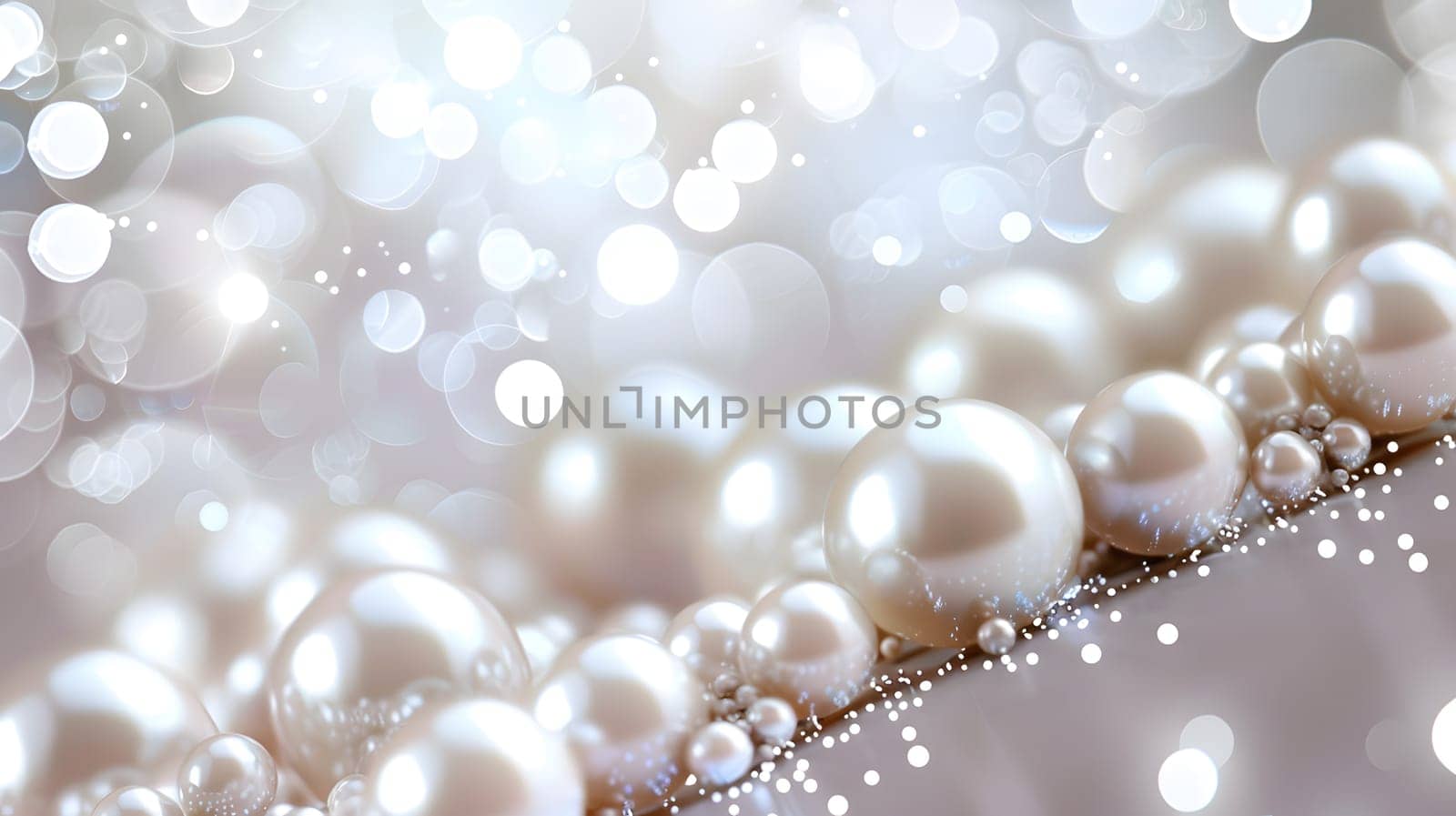 Macro photography of a pearl necklace, showcasing the intricate pattern and natural beauty of the gemstone. The white background highlights its elegance as a fashion accessory