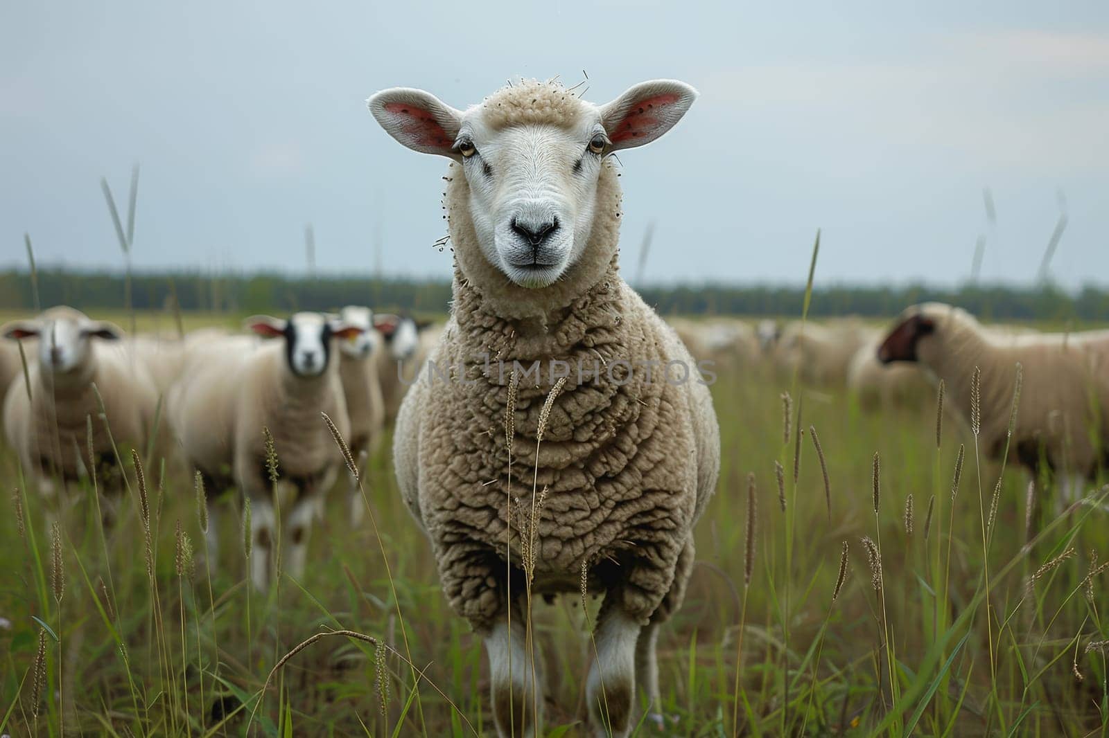 sheep with a farm landscape.