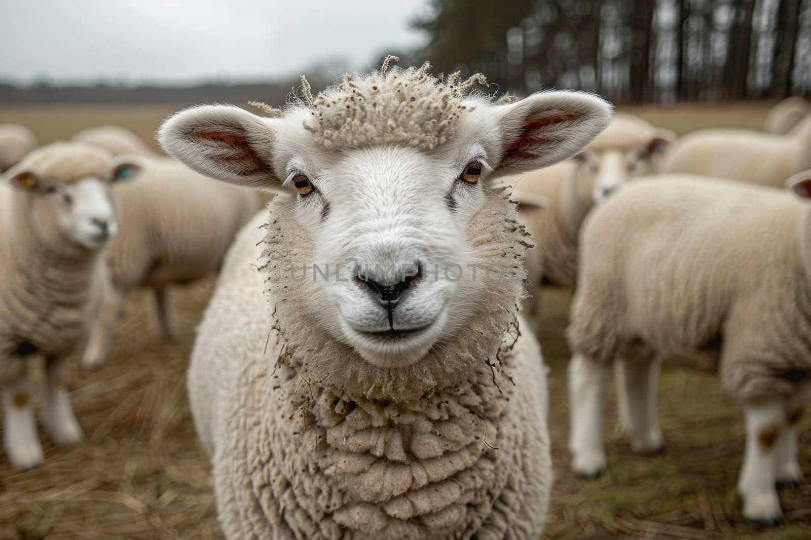 sheep with a farm landscape.