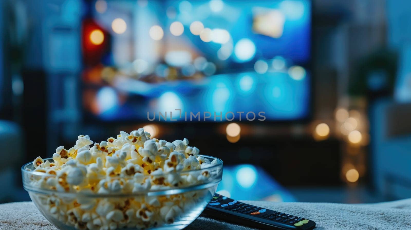 Movie times, Popcorn in a glass bowl and remote control in front of the TV in a home interior.