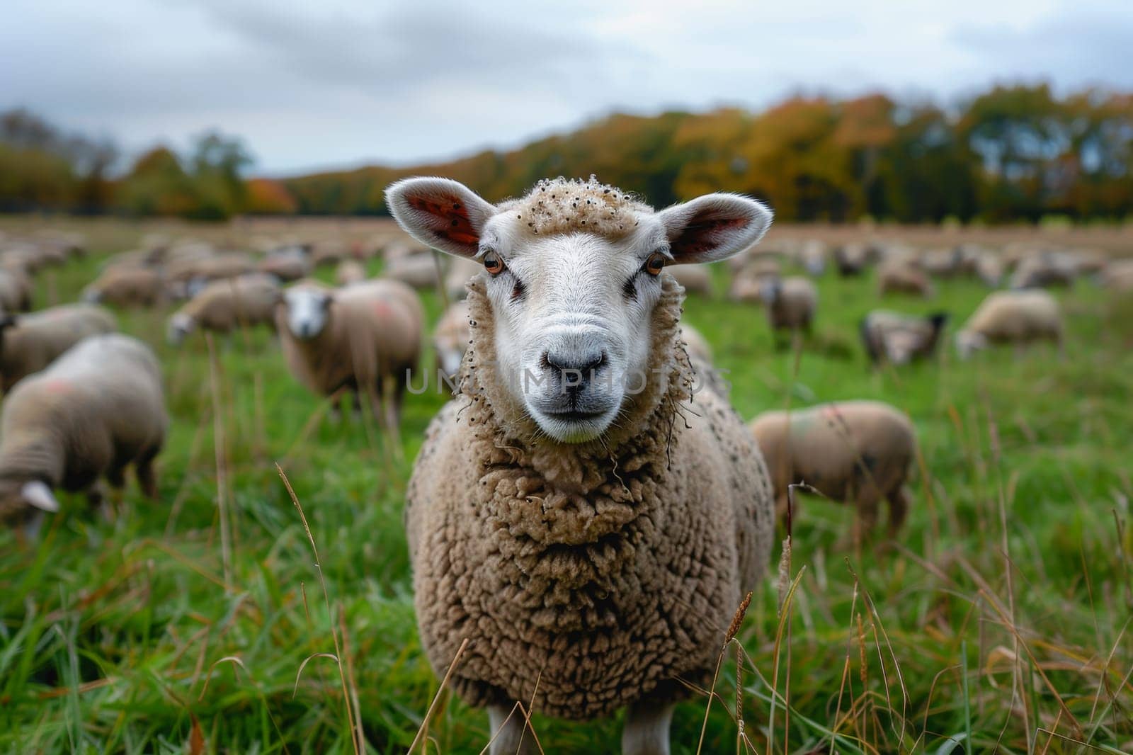 sheep with a farm landscape.