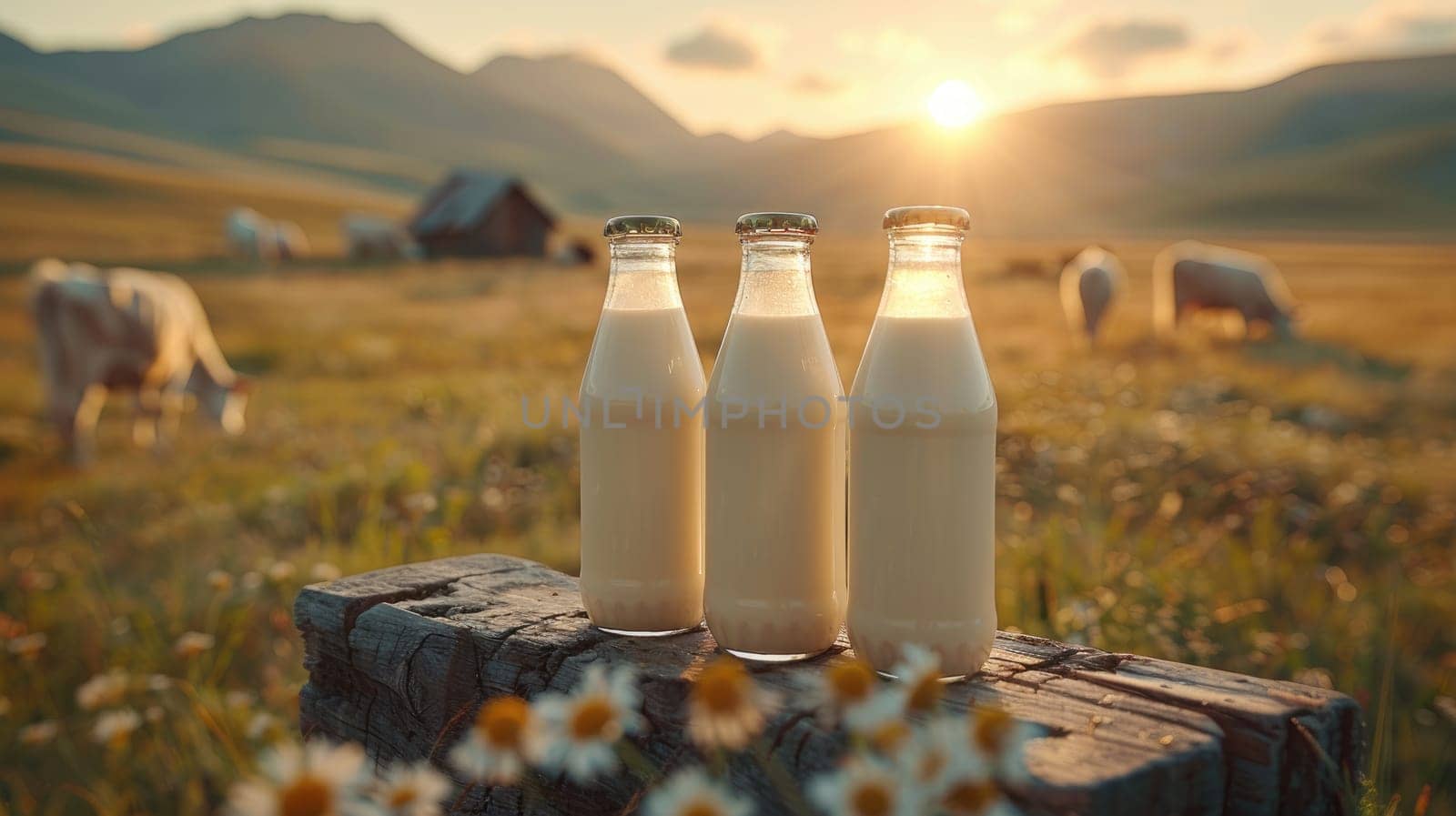 Beautiful glass bottle of milk on wooden desk table top with cow and nature background.