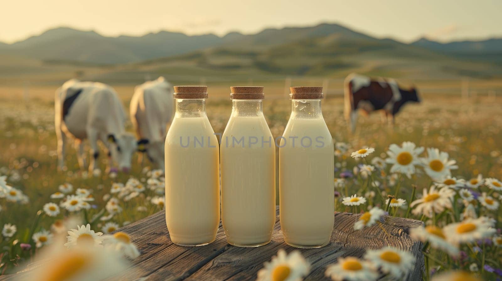Beautiful glass bottle of milk on wooden desk table top with cow and nature background.