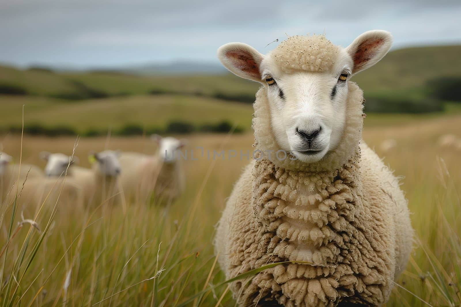 sheep with a farm landscape.