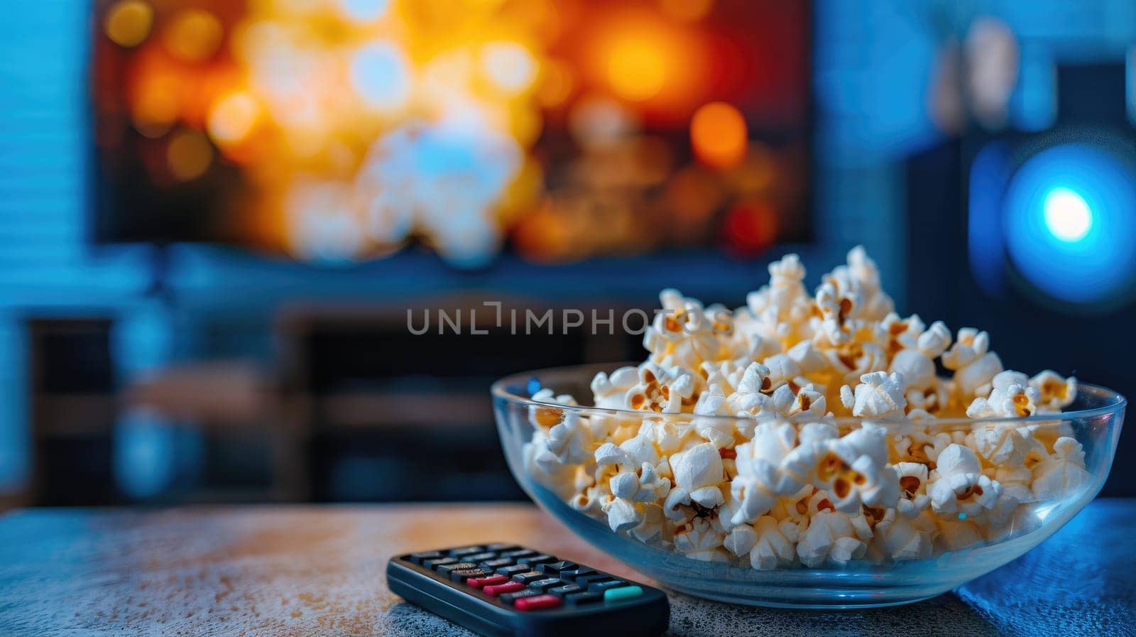 Movie times, Popcorn in a glass bowl and remote control in front of the TV in a home interior.