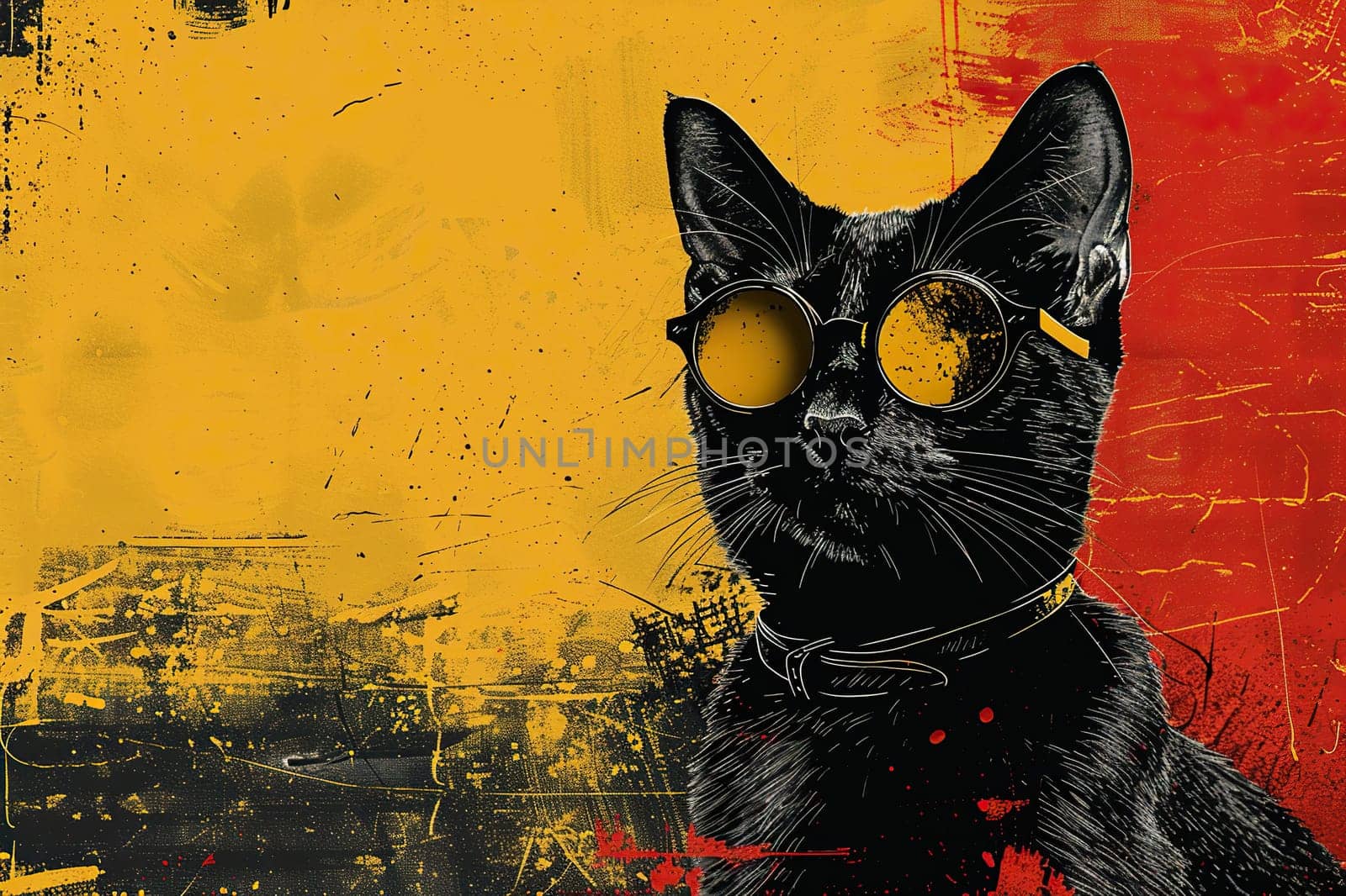 Banner, poster in grunge style with the image of a black cat in sunglasses.