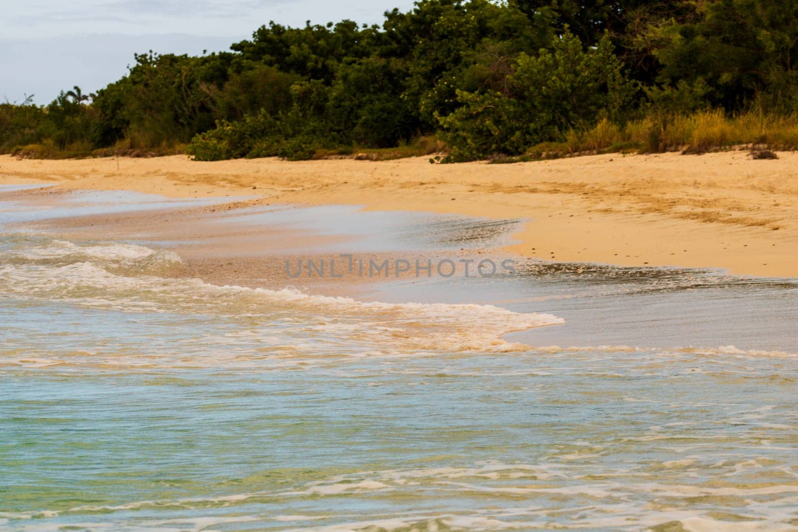 Caribbean beach with white sand, deep blue sky and turquoise water