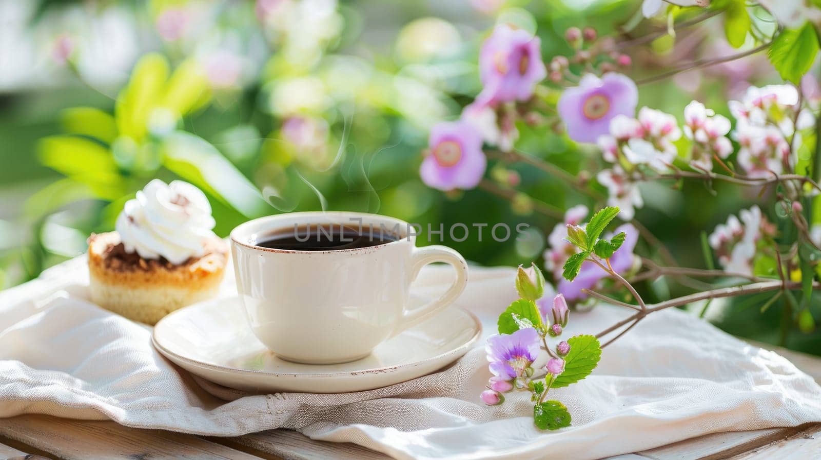 A cup of coffee on a table with a small cake for a snack in a flower garden.