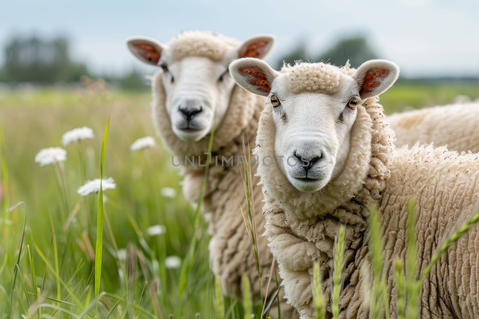 sheep with a farm landscape.