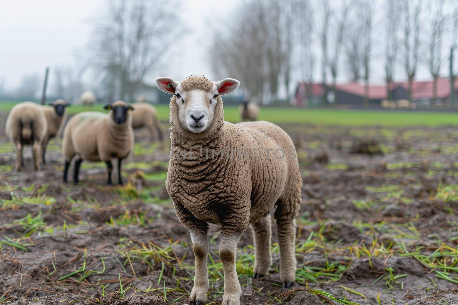 sheep with a farm landscape.