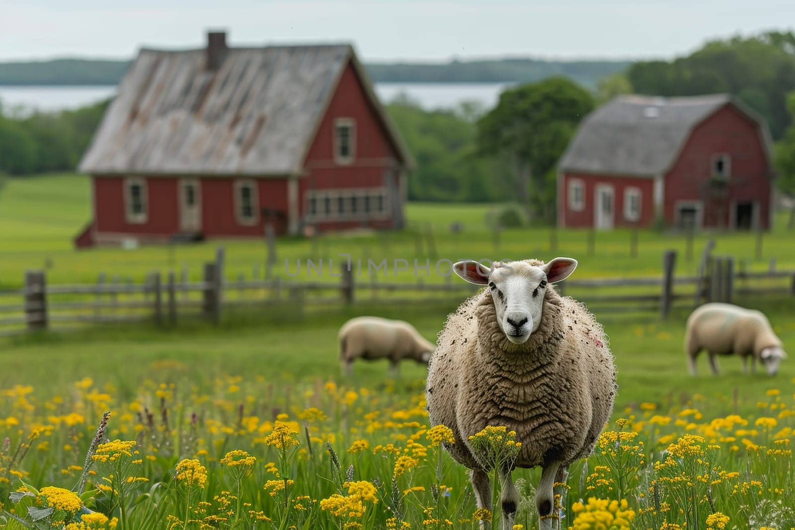 sheep with a farm landscape.