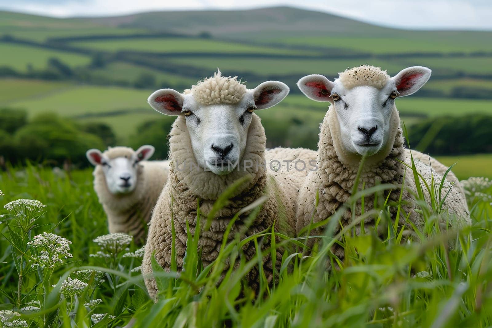 sheep with a farm landscape.