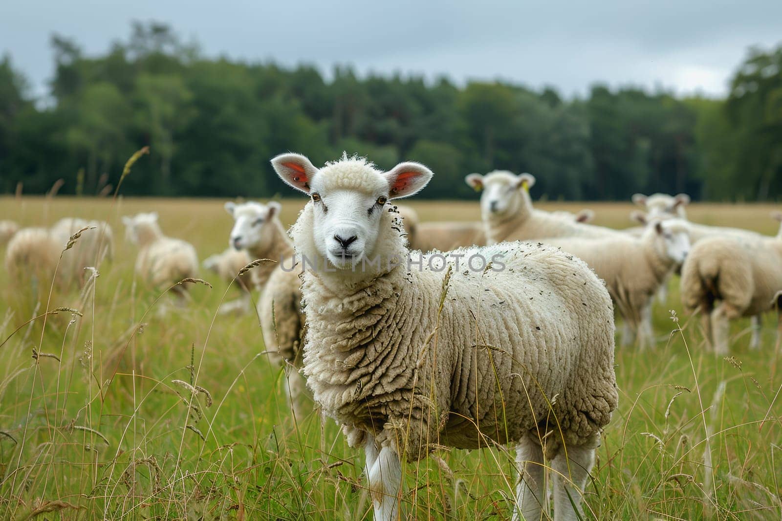 sheep with a farm landscape.