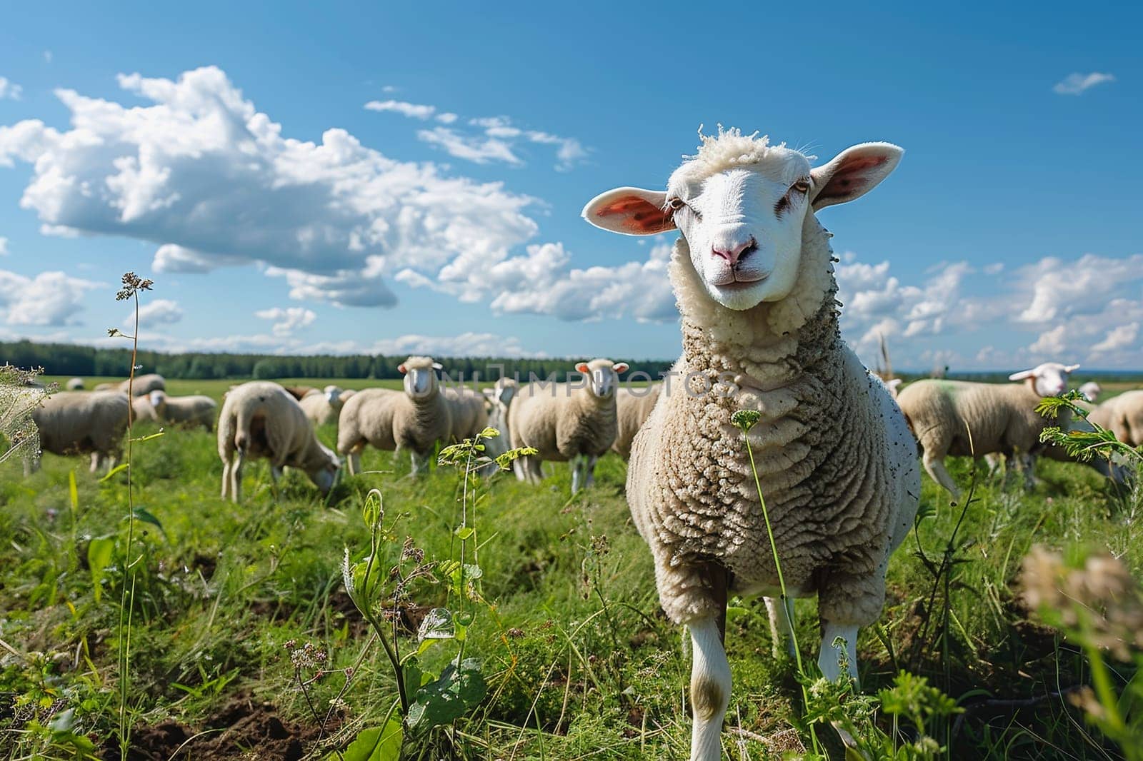 sheep with a farm landscape.